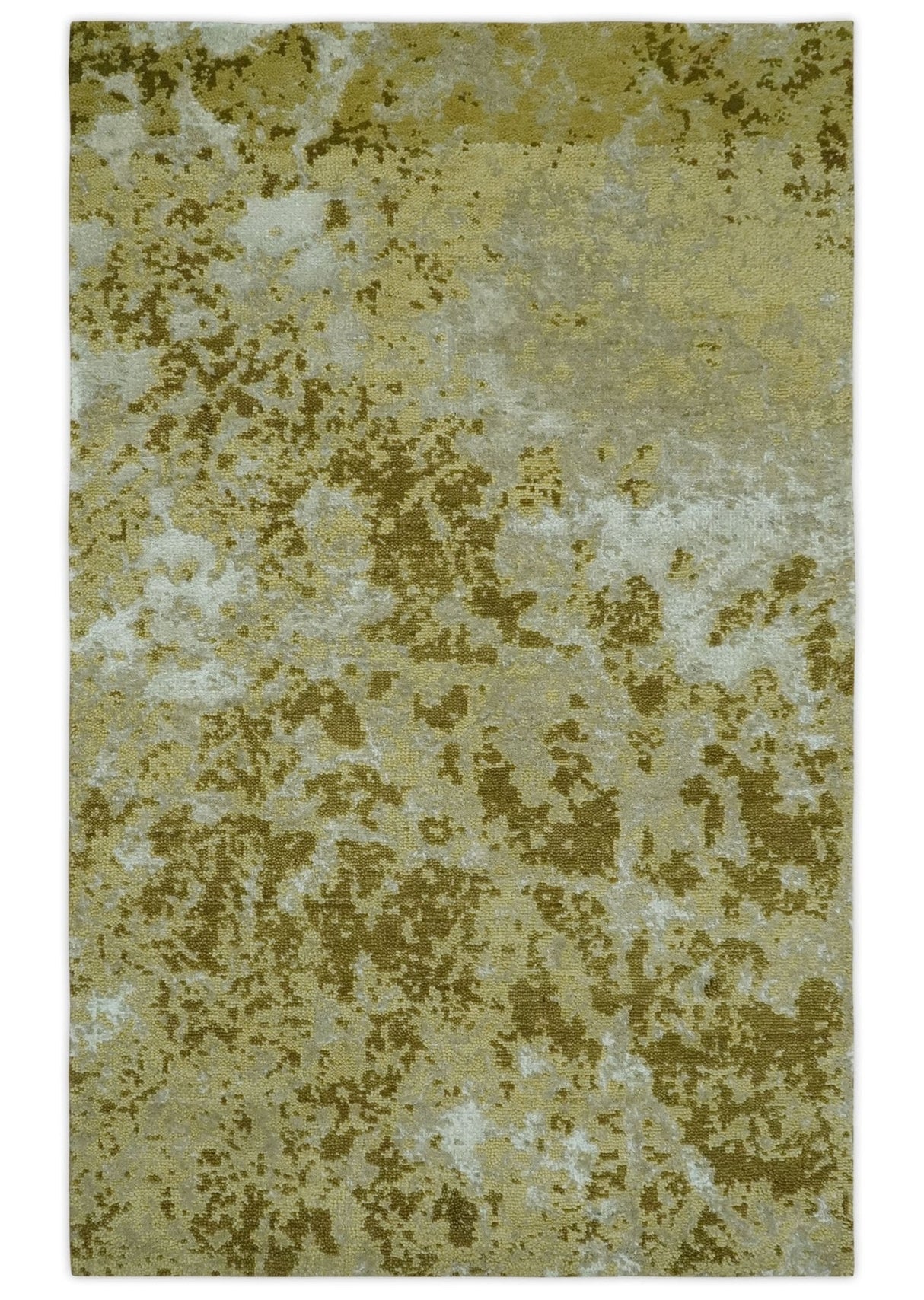Modern Abstract Shades of Olive and Silver 5x8 Hand knotted wool and art silk area rug-Area Rug-Parc Decor