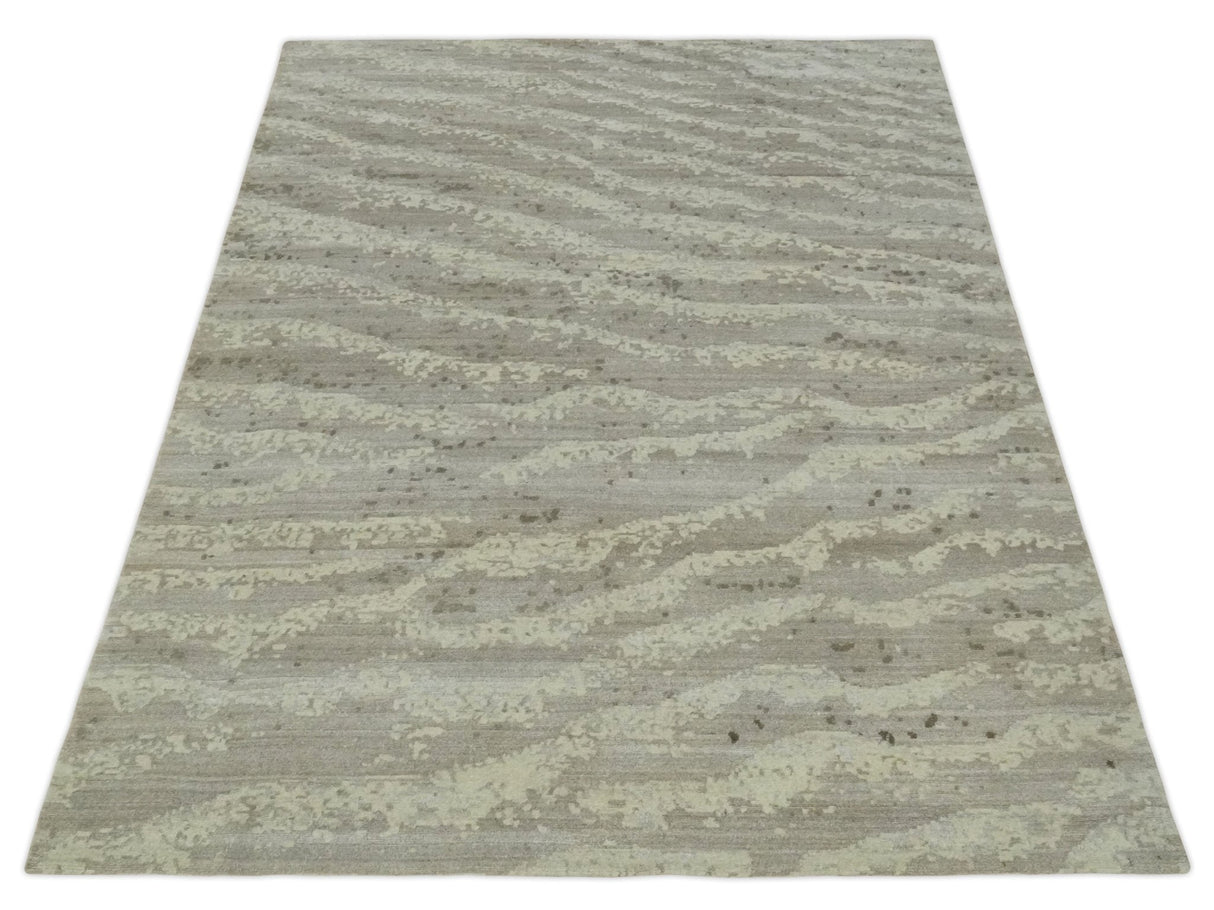Modern Abstract Silver and Beige Hand knotted 6x9 Art Silk Area Rug-Area Rug-Parc Decor