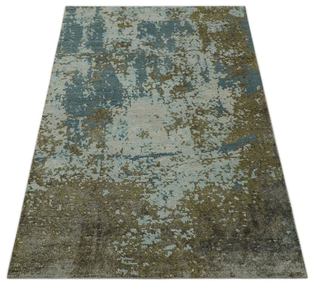 Modern Abstract Silver, Gray, Olive and Tan Hand Knotted 5x8 wool Area Rug