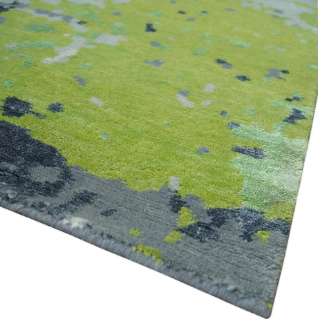 Modern Abstract Silver, Green and Gray Hand Knotted 8x10 Wool and Bamboo Silk Area Rug
