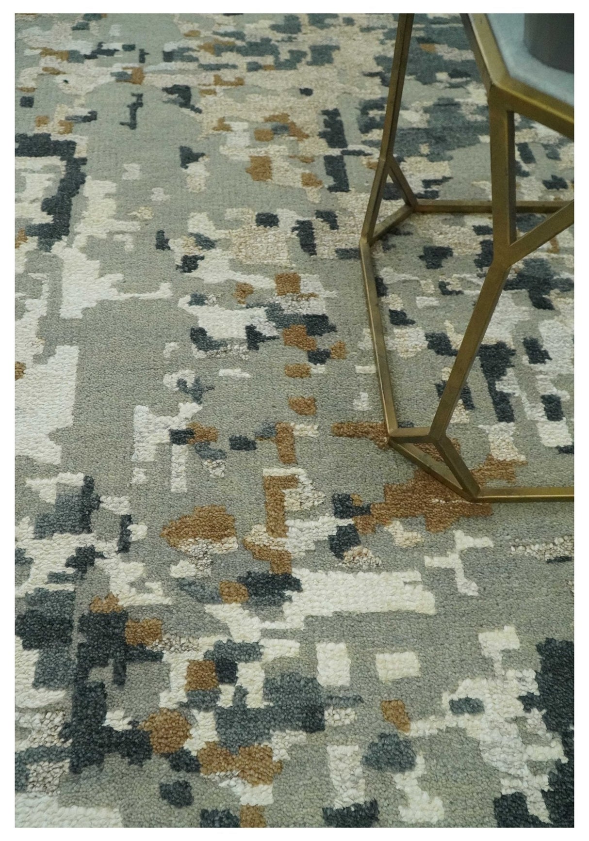 Modern Abstract Silver, Ivory, Charcoal and Olive Hand Knotted 5.6x8 wool Area Rug