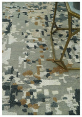 Modern Abstract Silver, Ivory, Charcoal and Olive Hand Knotted 5.6x8 wool Area Rug