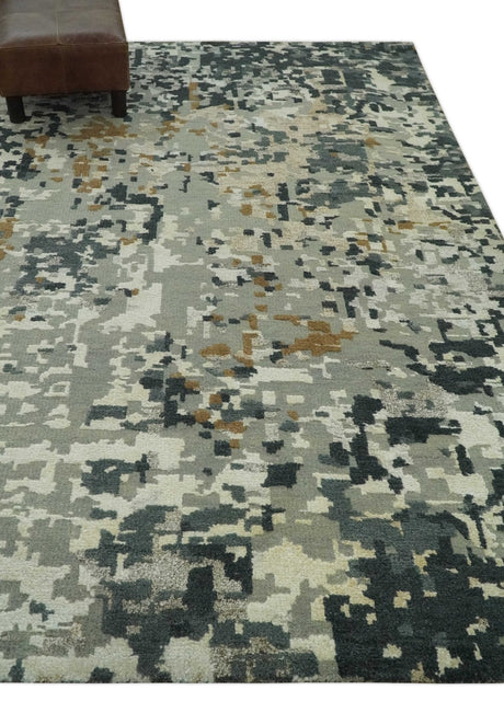 Modern Abstract Silver, Ivory, Charcoal and Olive Hand Knotted 5.6x8 wool Area Rug