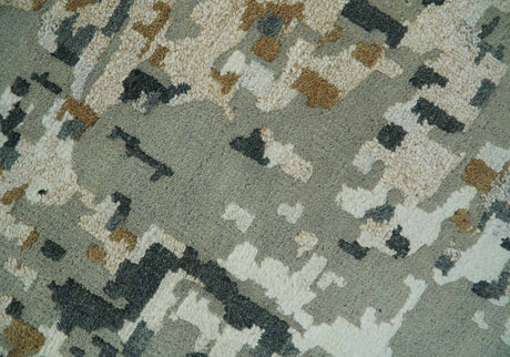 Modern Abstract Silver, Ivory, Charcoal and Olive Hand Knotted 5.6x8 wool Area Rug