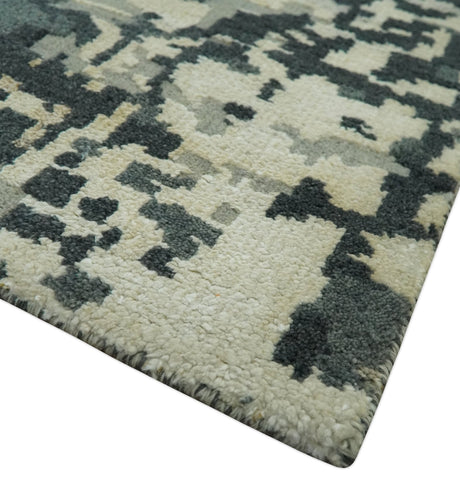 Modern Abstract Silver, Ivory, Charcoal and Olive Hand Knotted 5.6x8 wool Area Rug