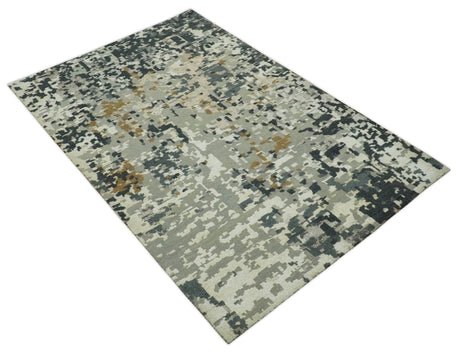 Modern Abstract Silver, Ivory, Charcoal and Olive Hand Knotted 5.6x8 wool Area Rug