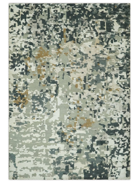 Modern Abstract Silver, Ivory, Charcoal and Olive Hand Knotted 5.6x8 wool Area Rug