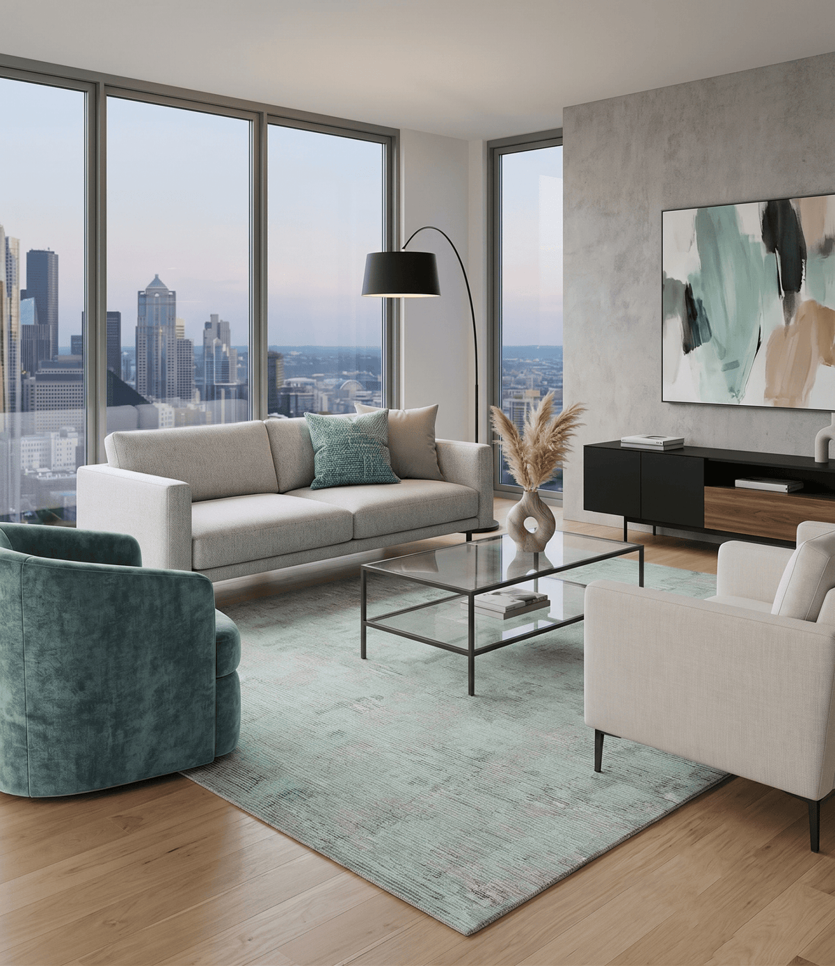 Modern Abstract Teal, Olive and Ivory Hand Tufted Multi Size wool area rug