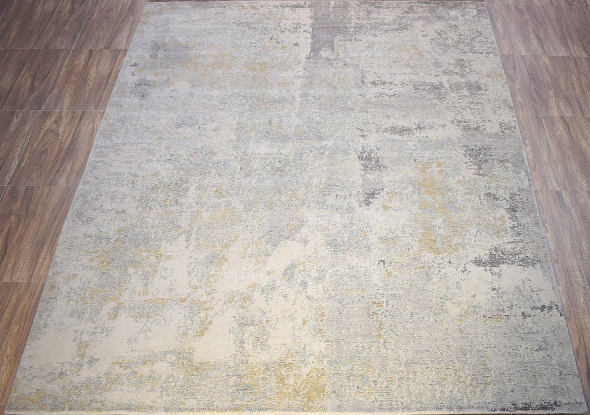 Modern Abstract Yellow And Gray Hand Loom Wool And Viscose Area Rug