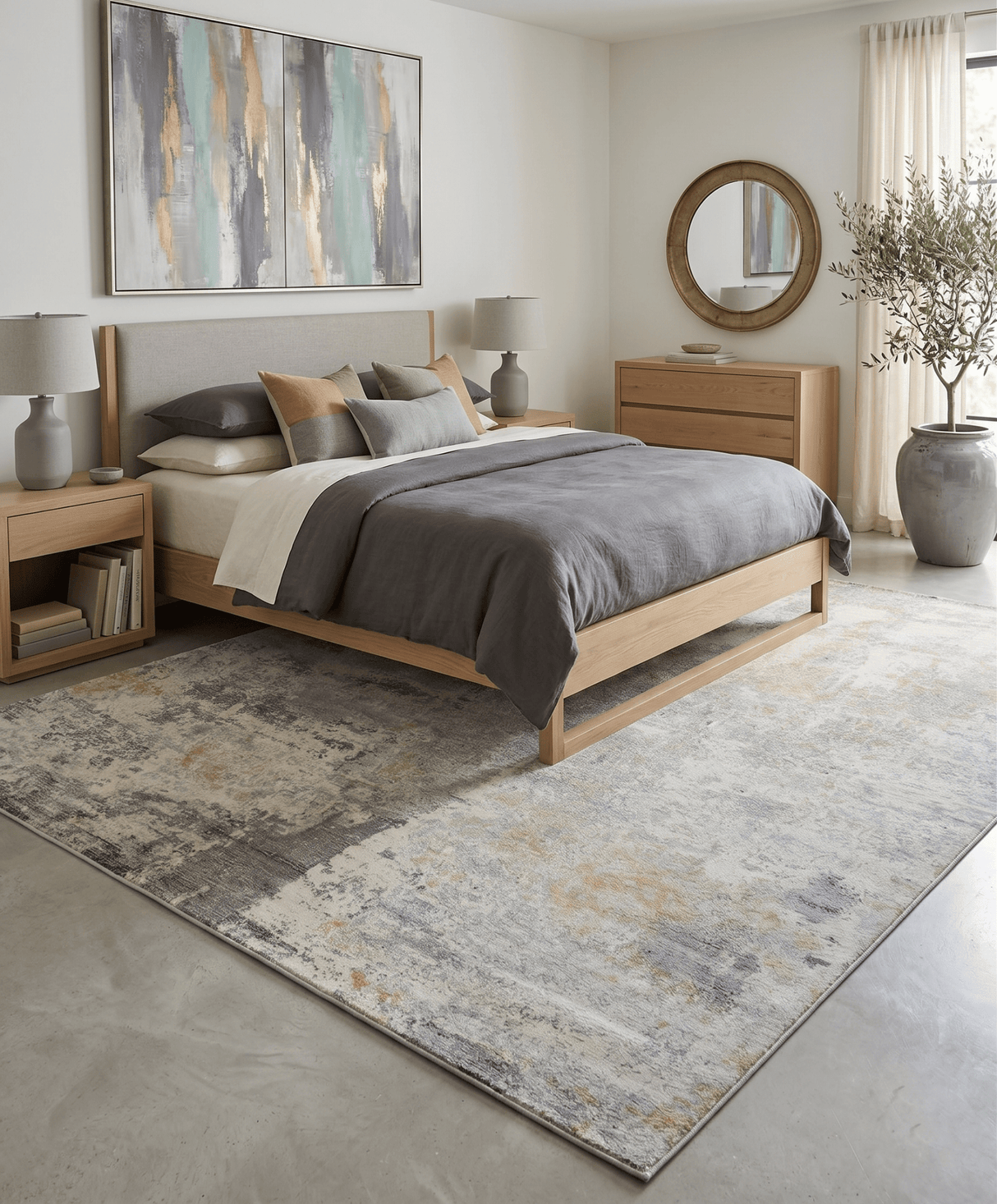 Modern Abstract Yellow And Gray Hand Loom Wool And Viscose Area Rug