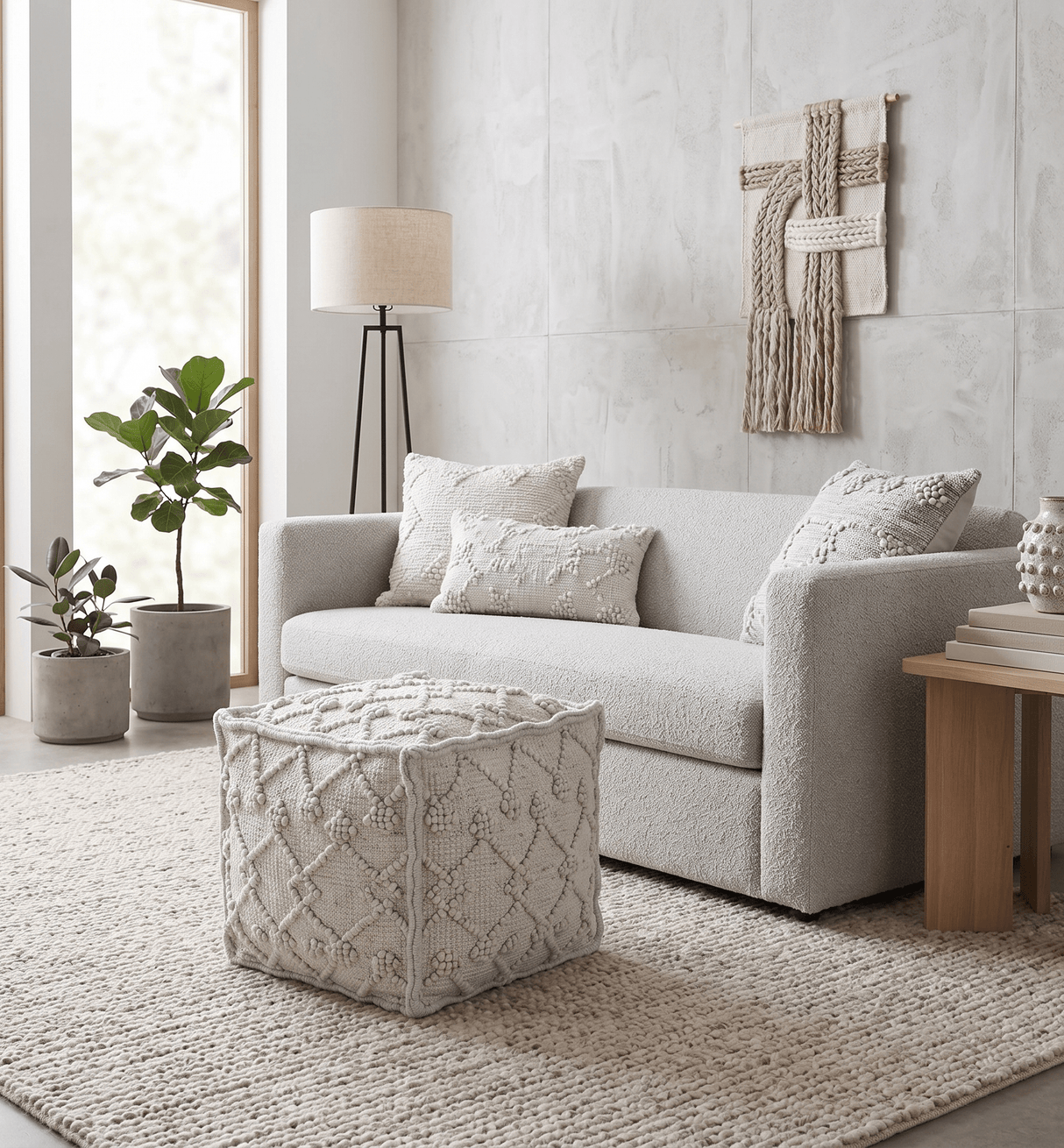 Modern Boho Design Beige Handwoven Wool Pouf