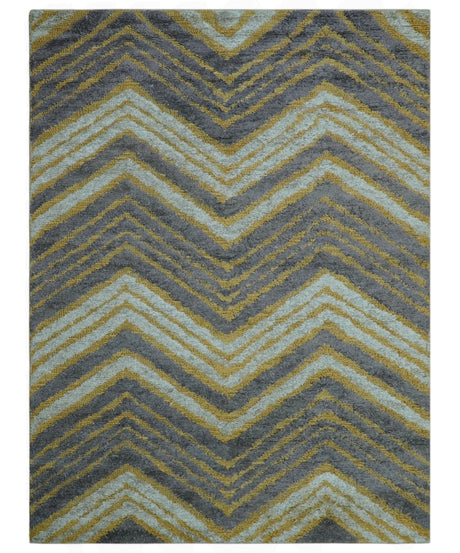 Modern Chevron Design Gold And Beige 5.6x8 Hand Knotted Bamboo Silk Area Rug
