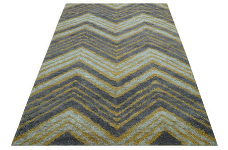Modern Chevron Design Gold And Beige 5.6x8 Hand Knotted Bamboo Silk Area Rug