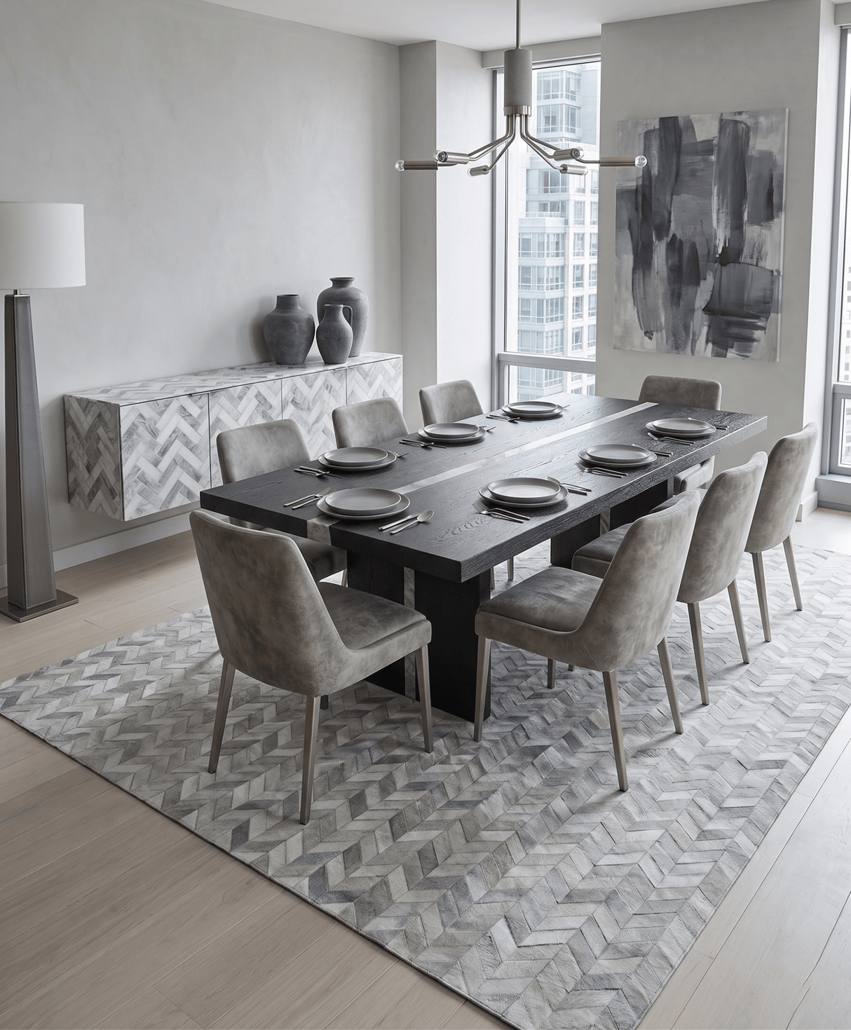Modern Chevron Design Handmade Ivory and Silver Area Rug