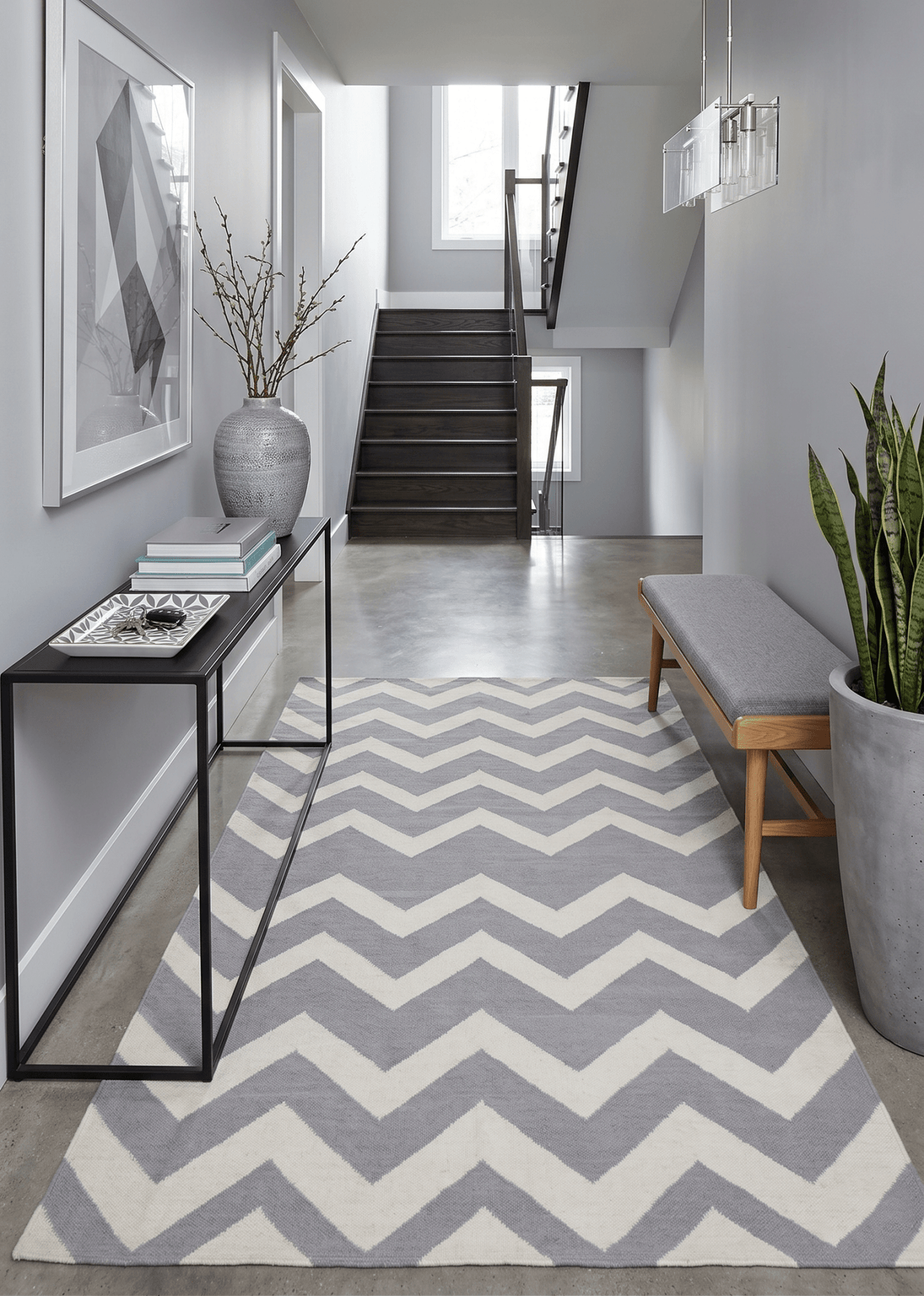 Modern Chevron Gray and Beige Dhurrie Wool Polyester 5x8 Rug