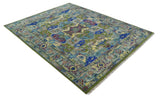 Modern Colorful Moss Green, Blue and Silver Traditional Turkish Design Heriz Wool Area Rug