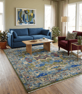 Modern Colorful Moss Green, Blue and Silver Traditional Turkish Design Heriz Wool Area Rug