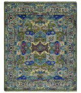 Modern Colorful Moss Green, Blue and Silver Traditional Turkish Design Heriz Wool Area Rug