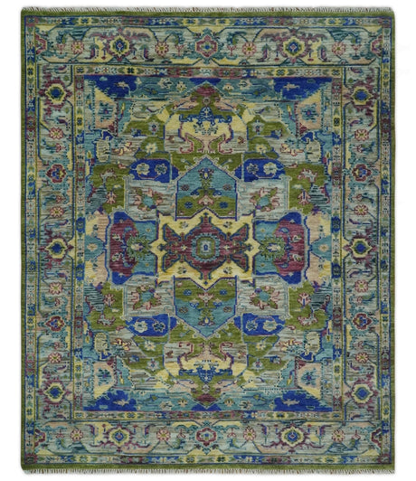 Modern Colorful Moss Green, Blue and Silver Traditional Turkish Design Heriz Wool Area Rug