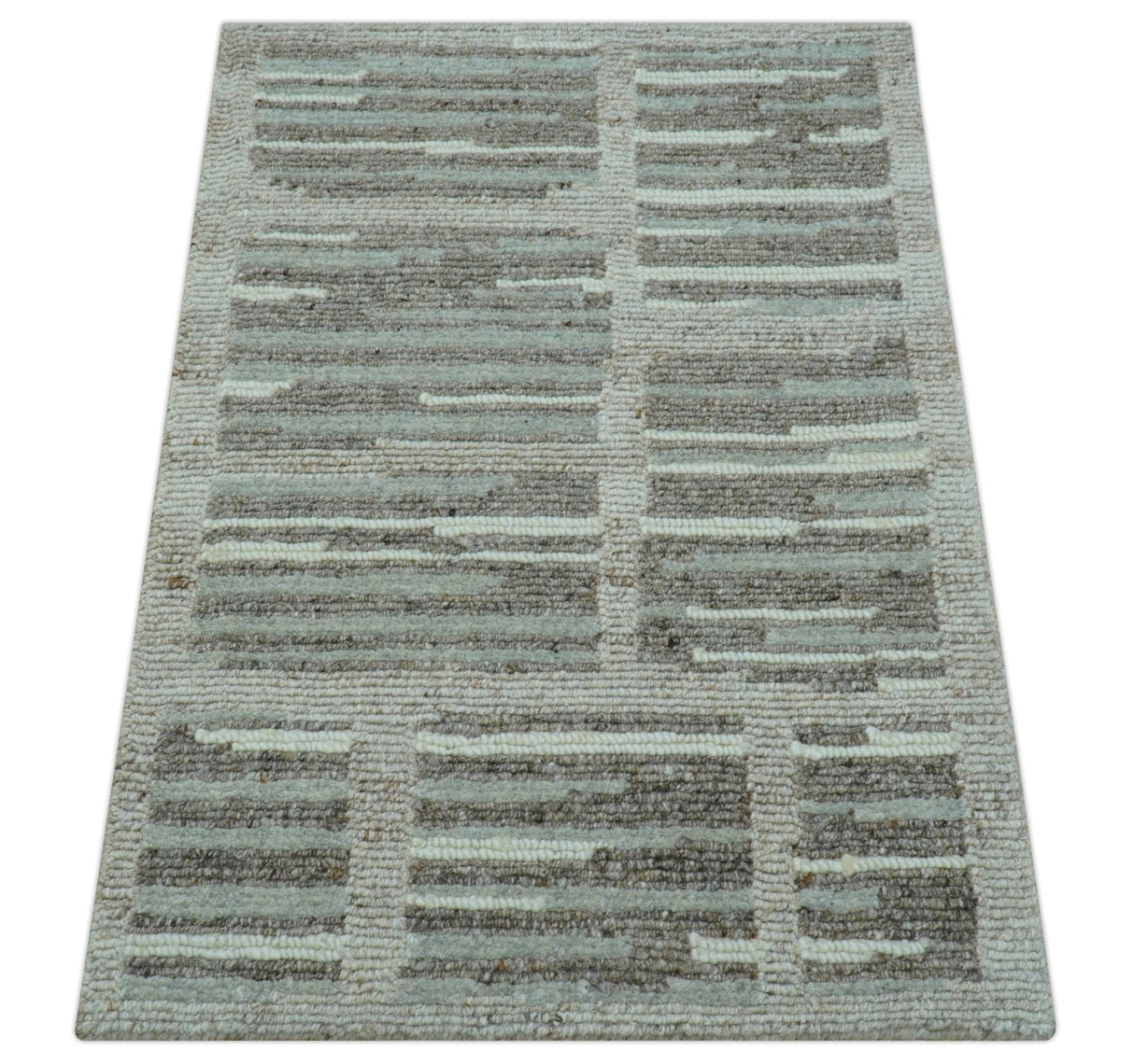 Modern Contemporary Beige And Gray Hand Knotted 2x3 Wool Area Rug