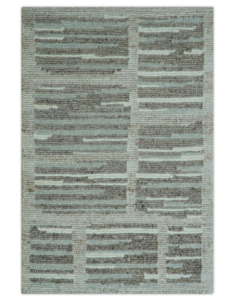 Modern Contemporary Beige And Gray Hand Knotted 2x3 Wool Area Rug