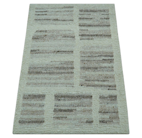 Modern Contemporary Beige Hand Knotted 2x3 Wool Area Rug