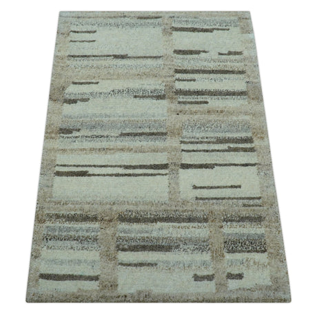 Modern Contemporary Beige Hand Knotted 2x3 Wool Area Rug
