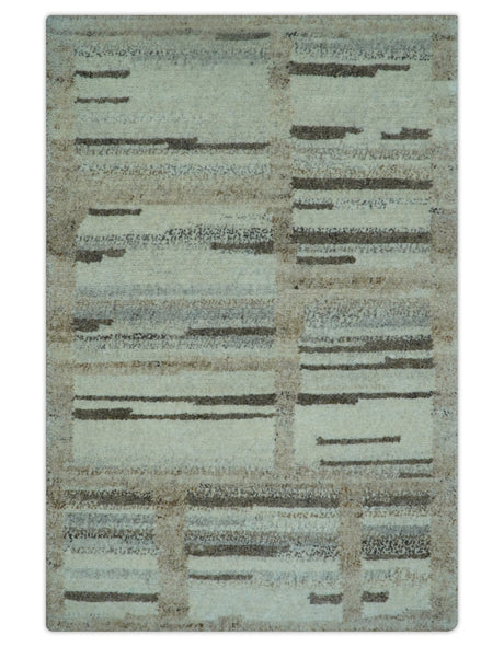 Modern Contemporary Beige Hand Knotted 2x3 Wool Area Rug