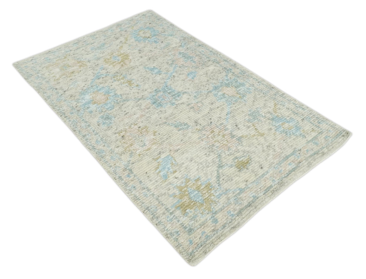 Modern Contemporary Ivory and Blue Hand Knotted Wool Rug
