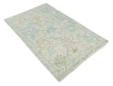 Modern Contemporary Ivory and Blue Hand Knotted Wool Rug