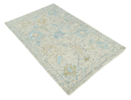 Modern Contemporary Ivory and Blue Hand Knotted Wool Rug