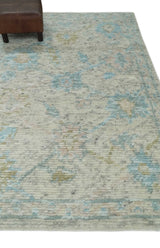 Modern Contemporary Ivory and Blue Hand Knotted Wool Rug