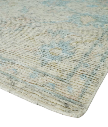 Modern Contemporary Ivory and Blue Hand Knotted Wool Rug
