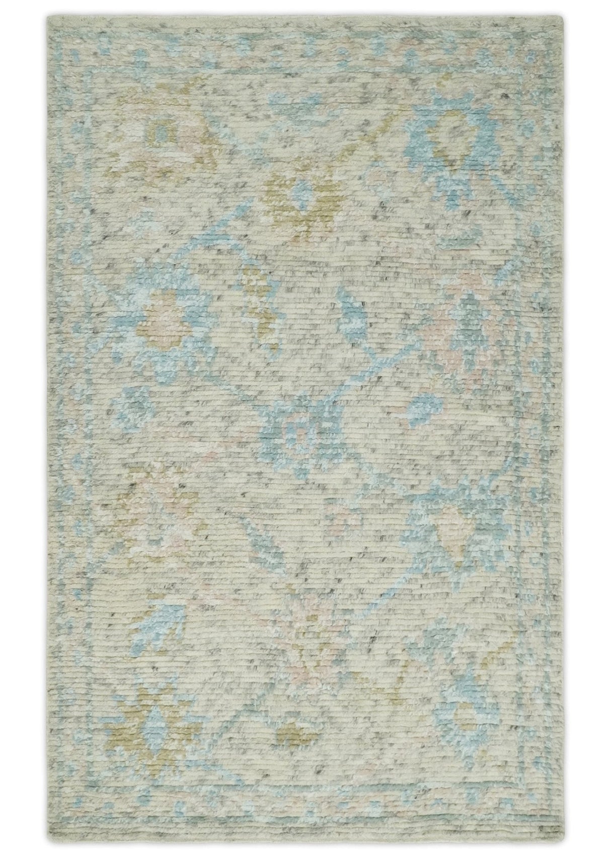 Modern Contemporary Ivory and Blue Hand Knotted Wool Rug
