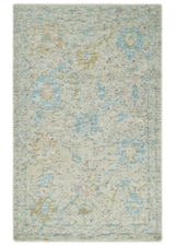 Modern Contemporary Ivory and Blue Hand Knotted Wool Rug