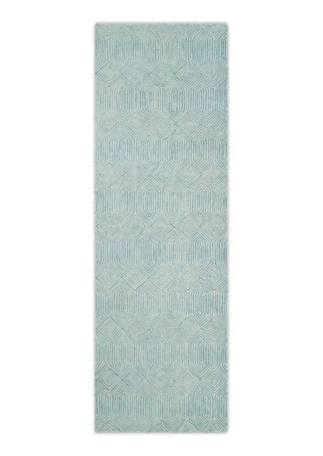 Modern Contemporary Style Teal and Ivory Hand Tufted Wool Area Rug