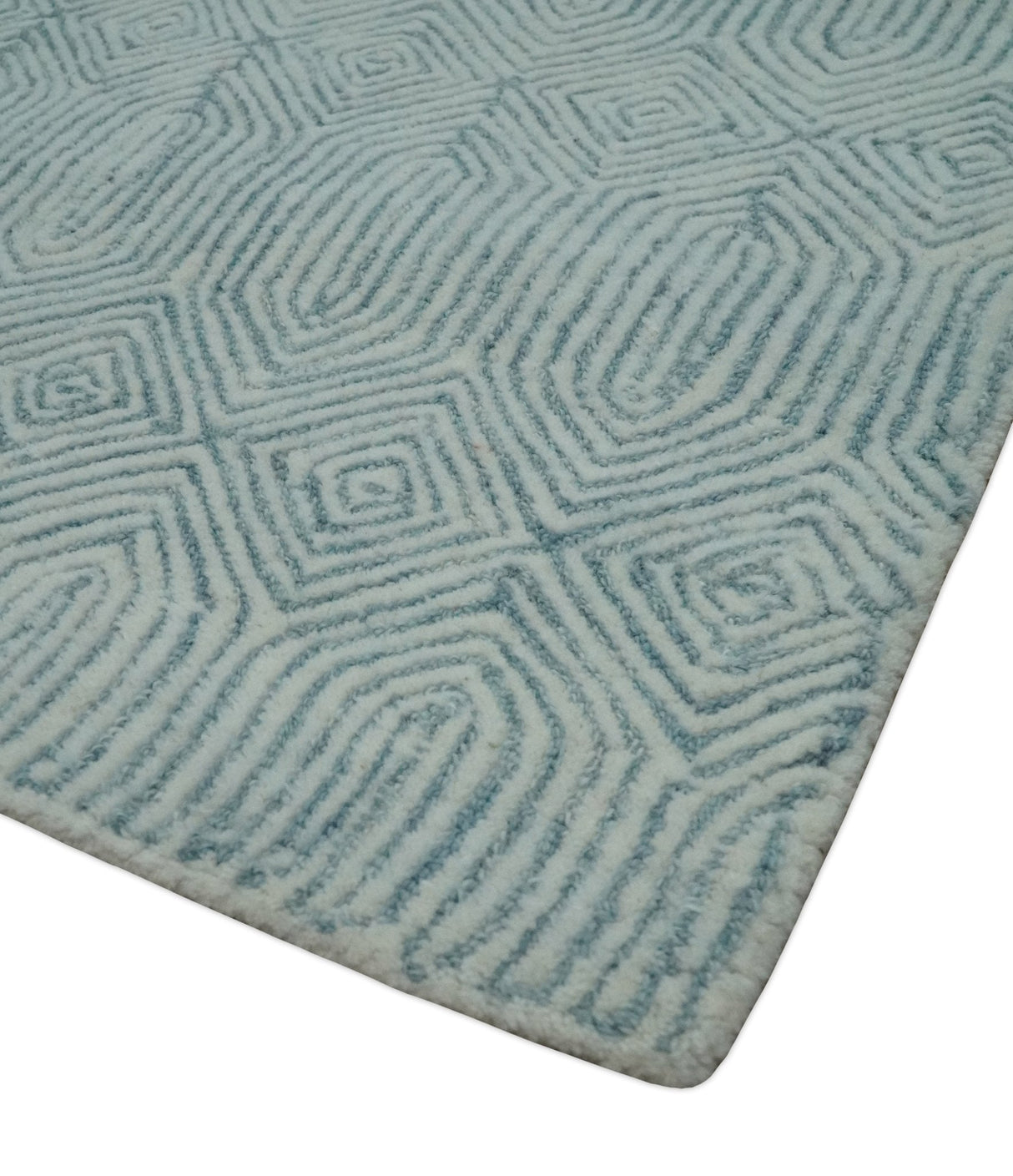 Modern Contemporary Style Teal and Ivory Hand Tufted Wool Area Rug