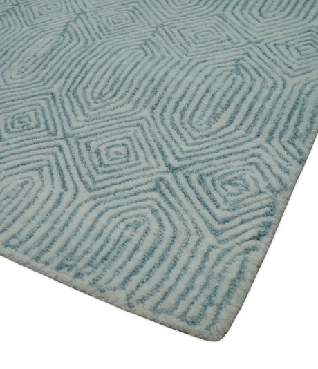 Modern Contemporary Style Teal and Ivory Hand Tufted Wool Area Rug