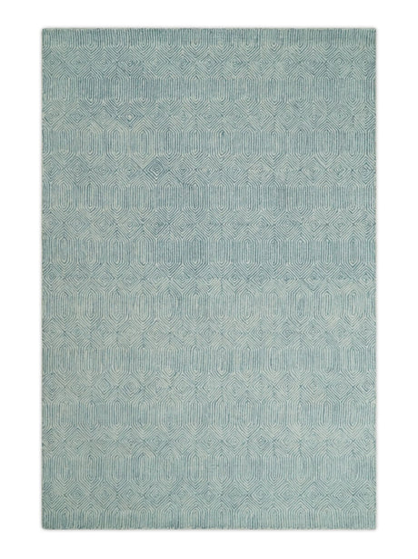 Modern Contemporary Style Teal and Ivory Hand Tufted Wool Area Rug