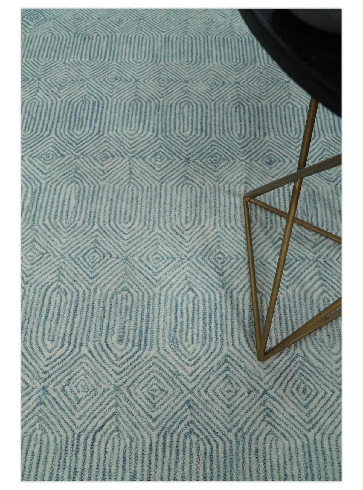Modern Contemporary Style Teal and Ivory Hand Tufted Wool Area Rug