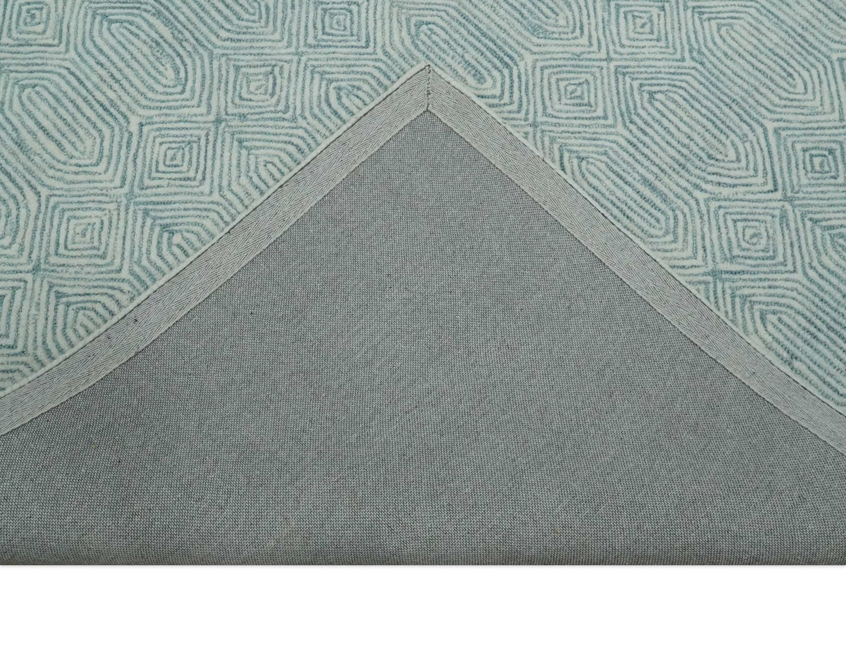 Modern Contemporary Style Teal and Ivory Hand Tufted Wool Area Rug