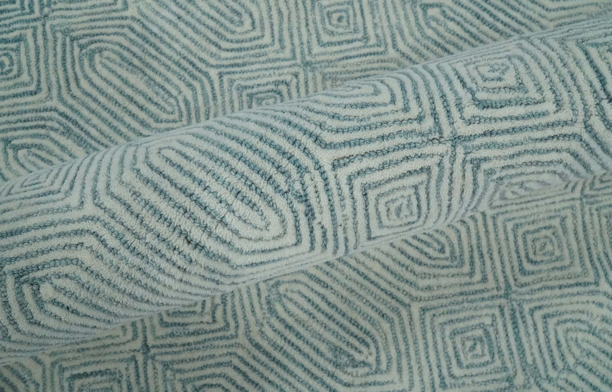 Modern Contemporary Style Teal and Ivory Hand Tufted Wool Area Rug