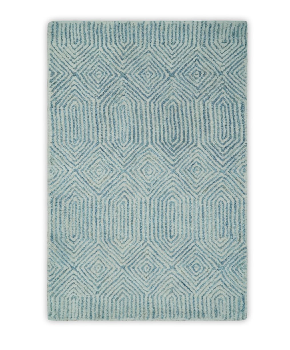 Modern Contemporary Style Teal and Ivory Hand Tufted Wool Area Rug