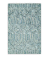 Modern Contemporary Style Teal and Ivory Hand Tufted Wool Area Rug