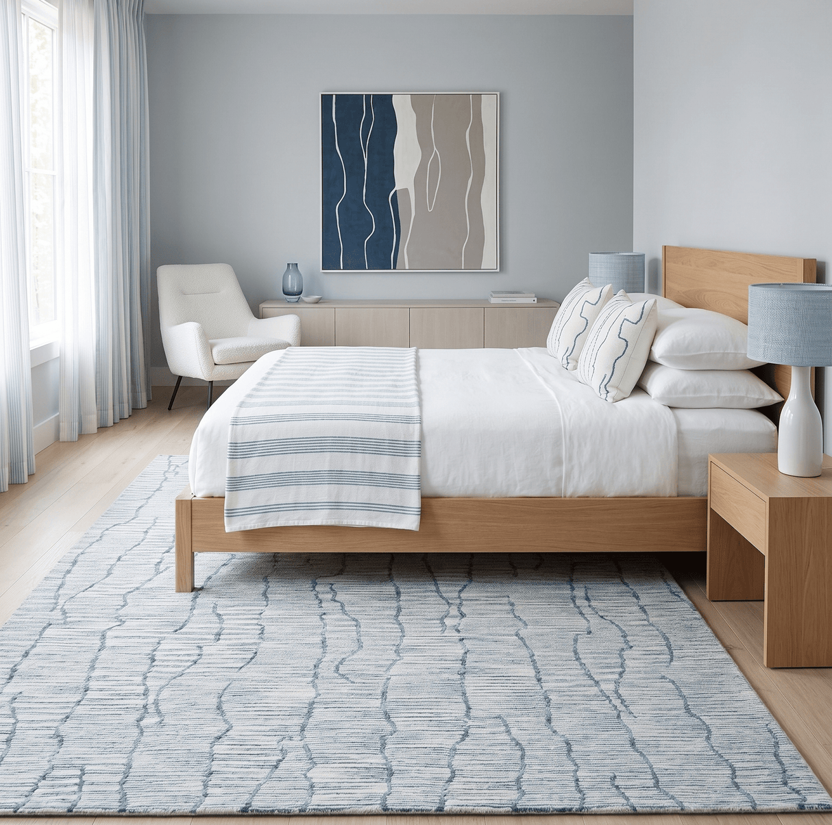 Modern Contemporary Woolen White and Blue Hand Tufted Area Rug