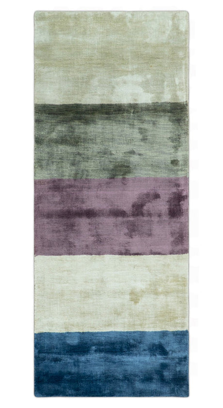Modern design Ivory, Green and Blue 2x5 Hand Knotted Wool Area Rug