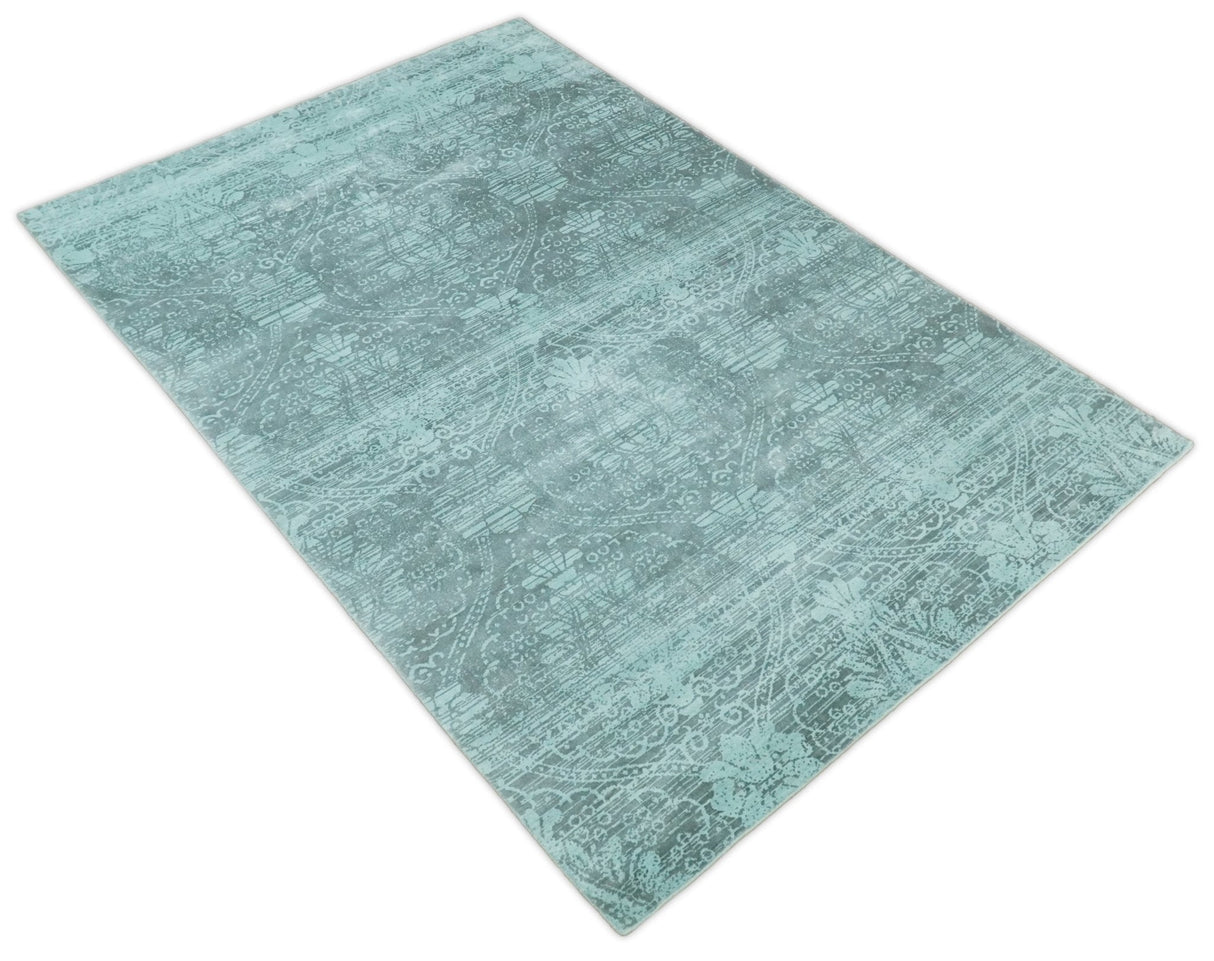 Modern Floral Design Teal Hand Loom Wool and Bamboo Silk 6x10 Area Rug