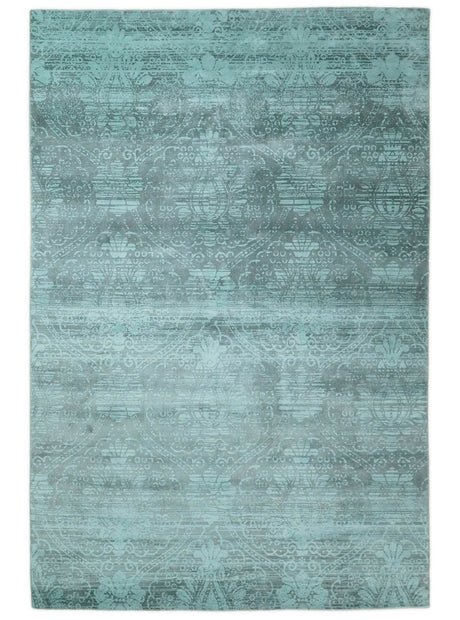 Modern Floral Design Teal Hand Loom Wool and Bamboo Silk 6x10 Area Rug