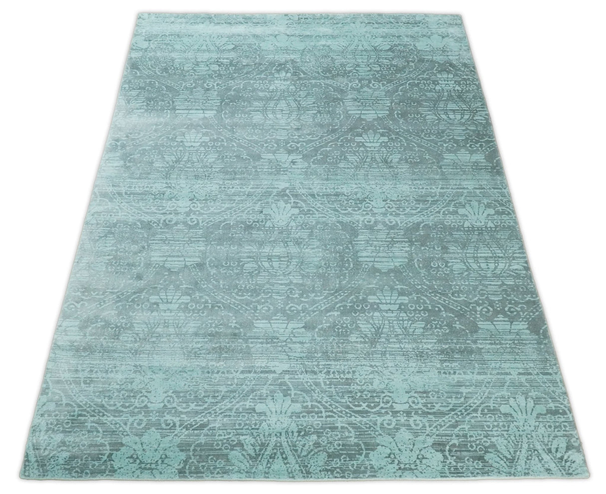 Modern Floral Design Teal Hand Loom Wool and Bamboo Silk 6x10 Area Rug
