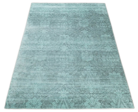 Modern Floral Design Teal Hand Loom Wool and Bamboo Silk 6x10 Area Rug